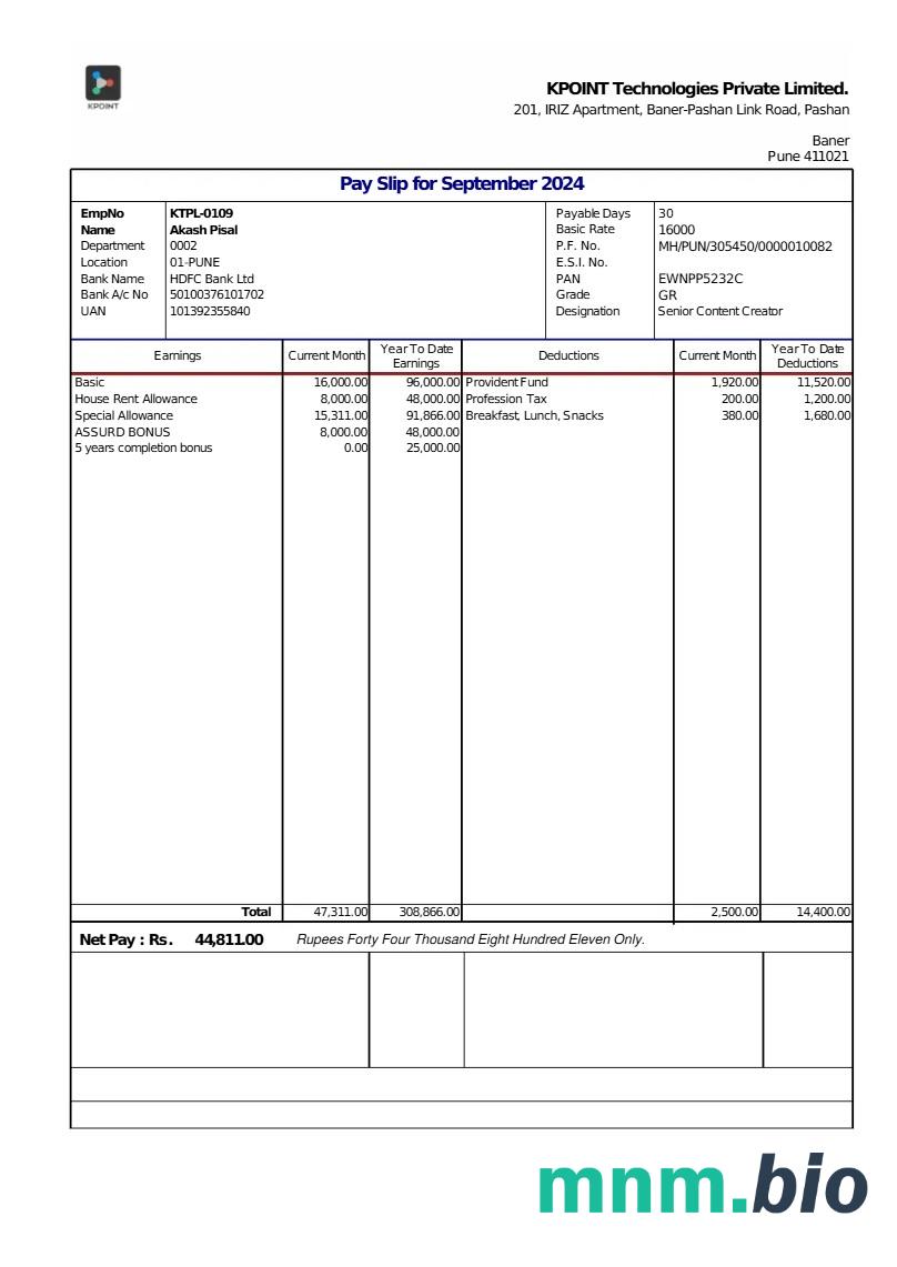 Szablon odcinka wypłaty KPOINT Technologies w formatach Word i PDF